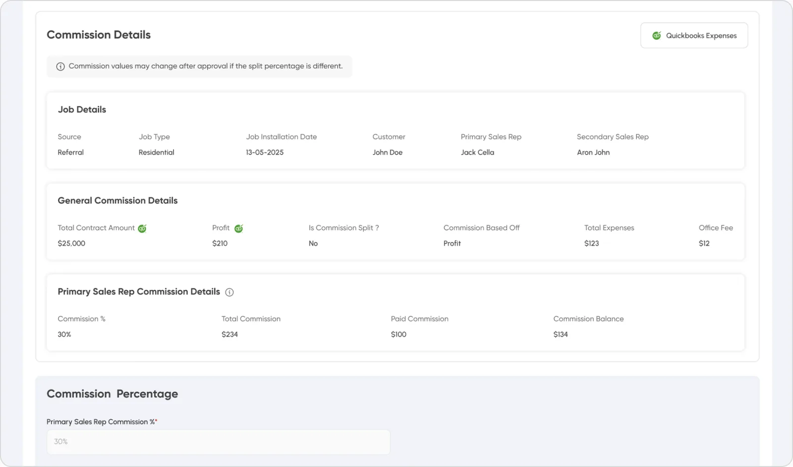 The Commission Details view with financials synced alongside QuickBooks