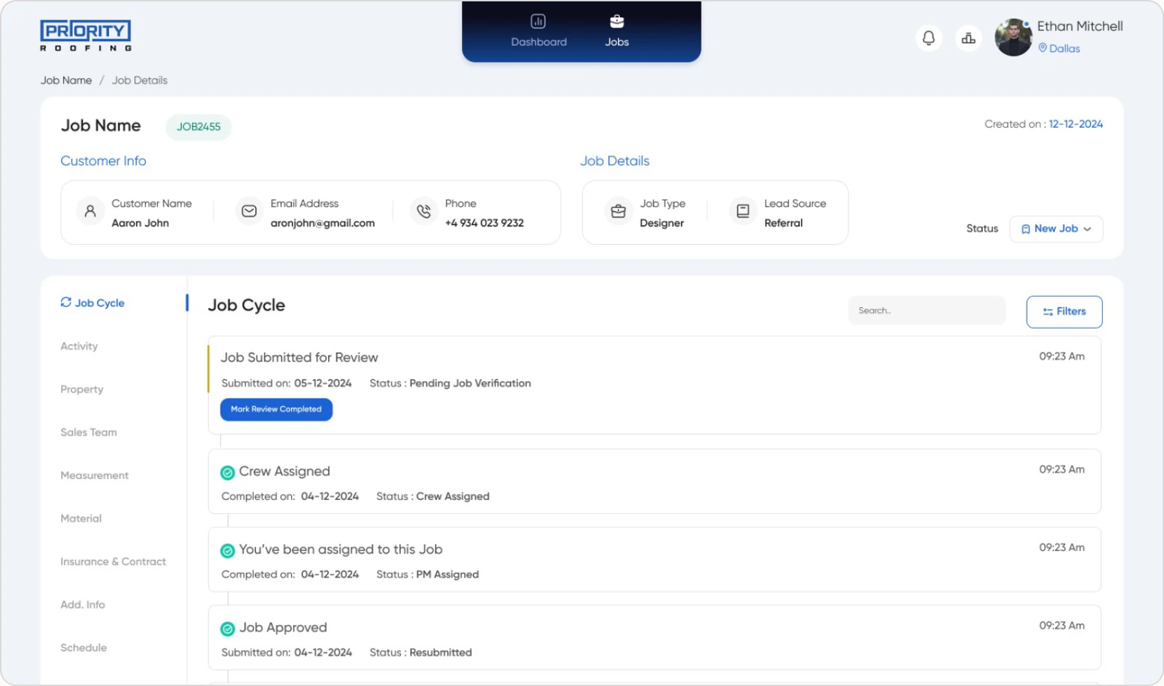 Before: the Job Details module with the Job Cycle as a flat, chronological activity feed