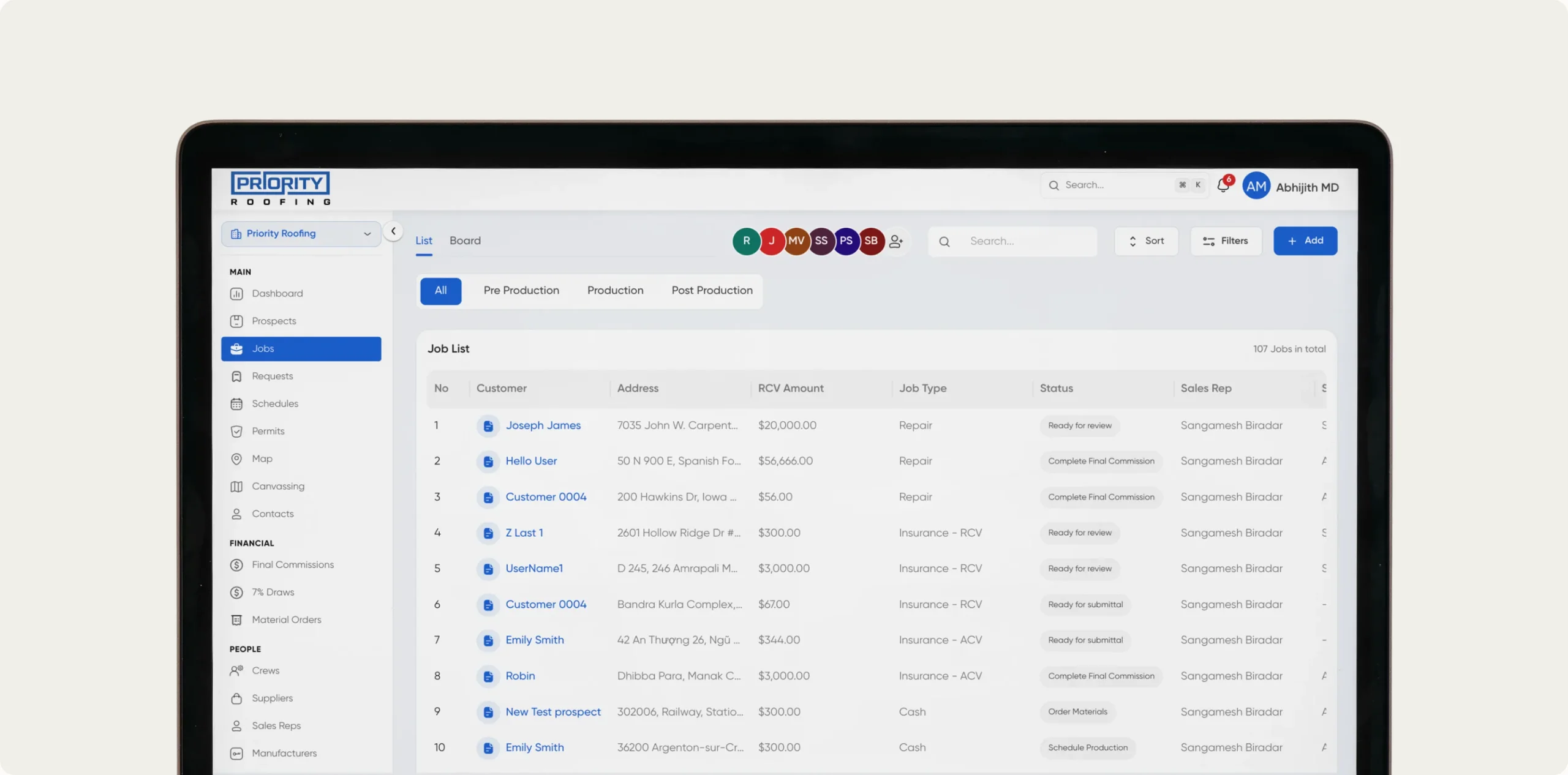 The Priority Roofing CRM job list on a laptop, showing customers, job types, statuses, and sales reps