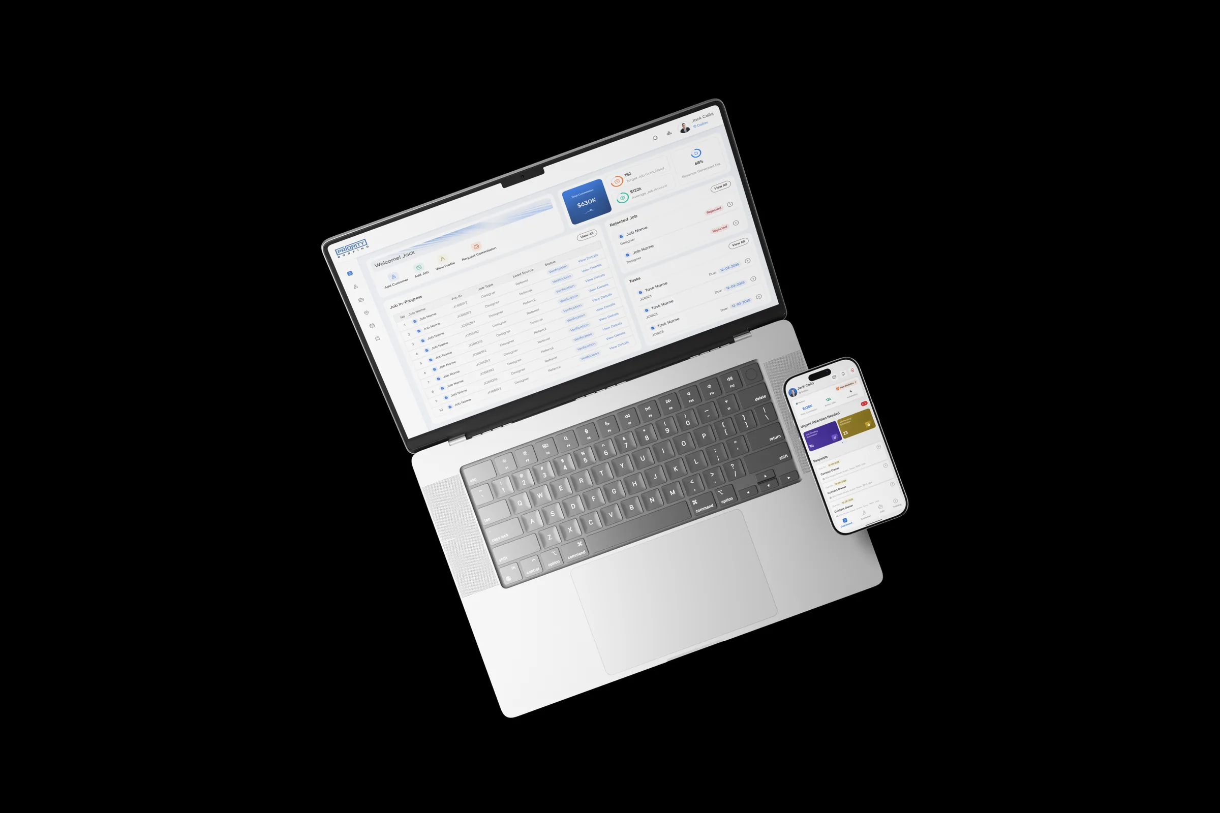 Priority Roofing job management dashboard on laptop and phone
