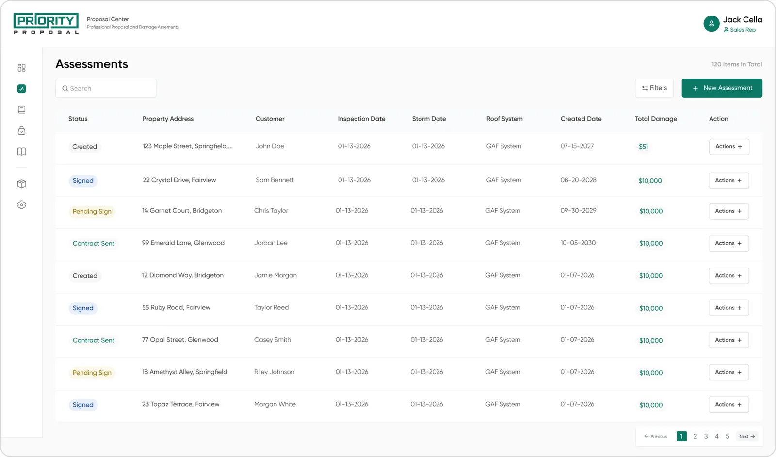 The assessment listing page