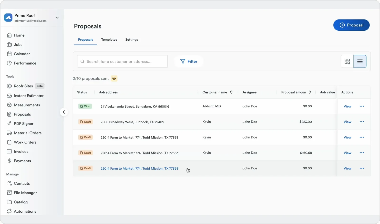 Roofr's proposals list, the disconnected third-party tool we audited