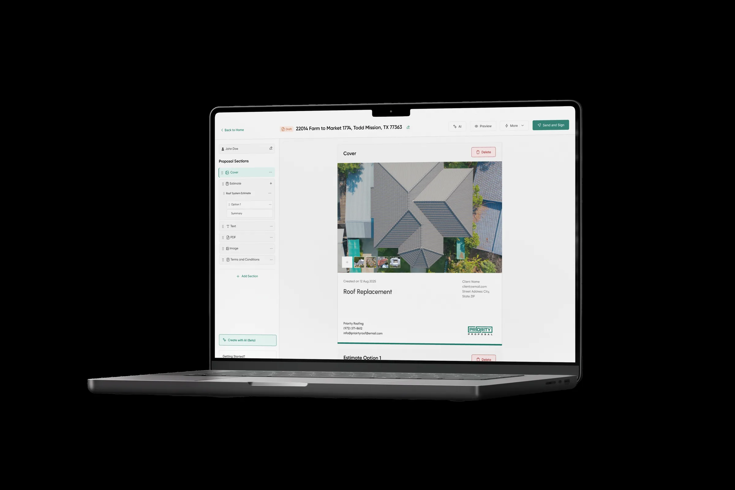 AI-enabled roofing proposal builder interface