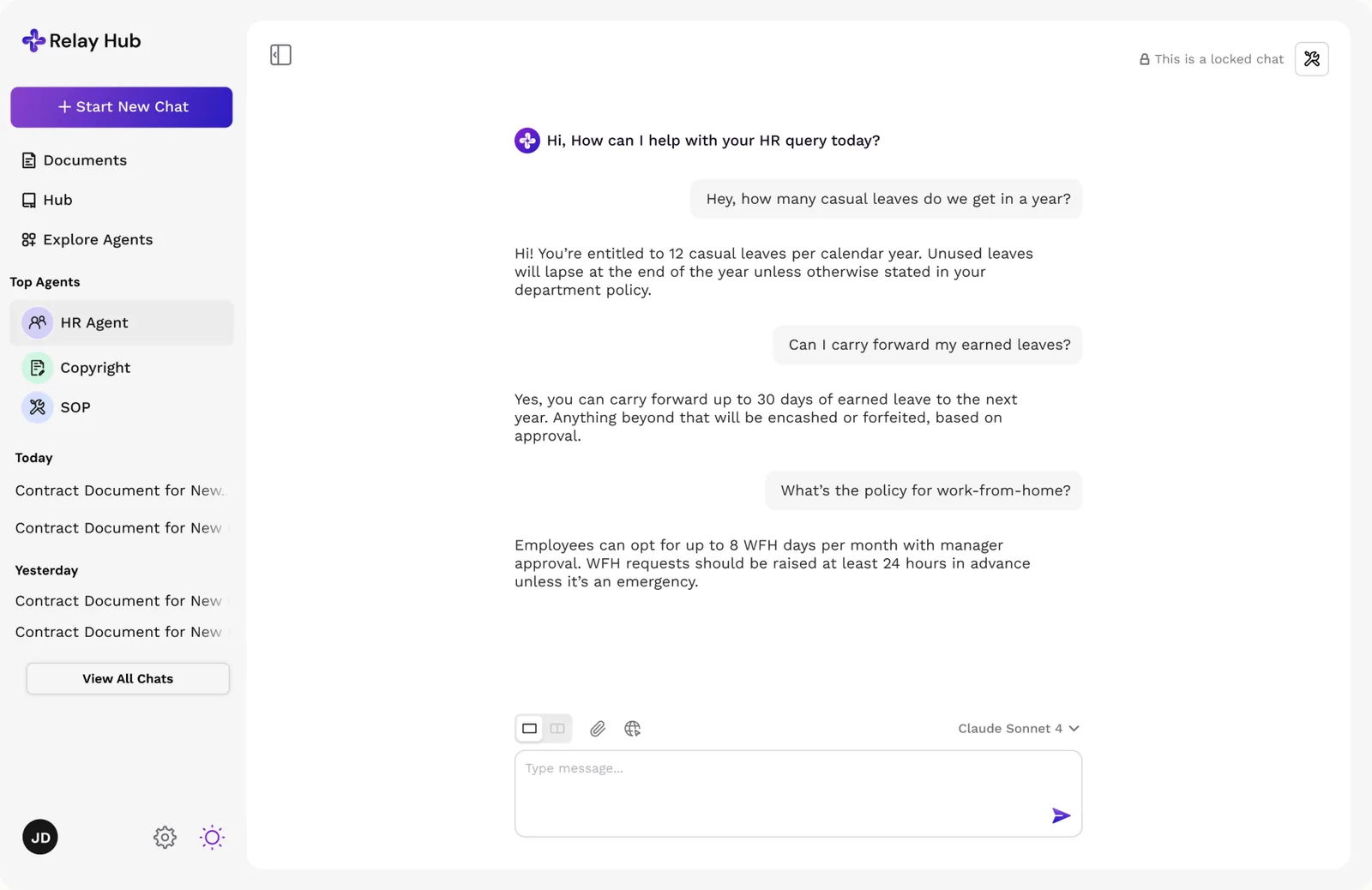 The chat interface comparing two model responses to a policy question