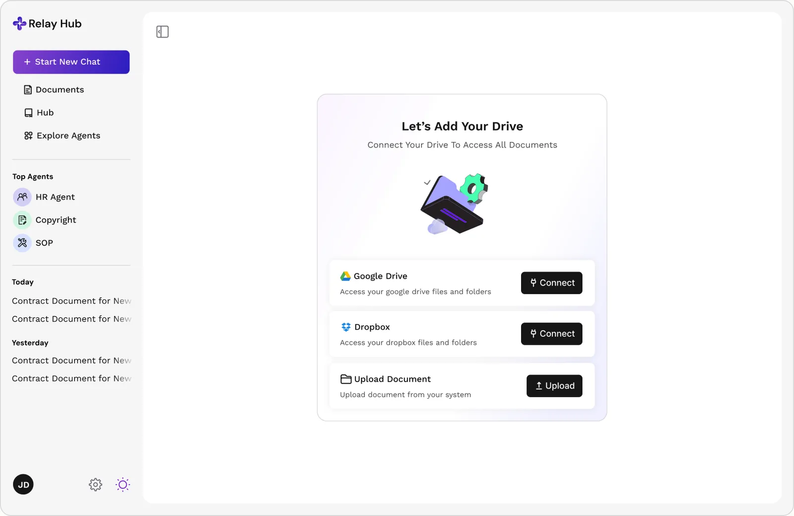 Connecting Google Drive, Dropbox, and uploading documents