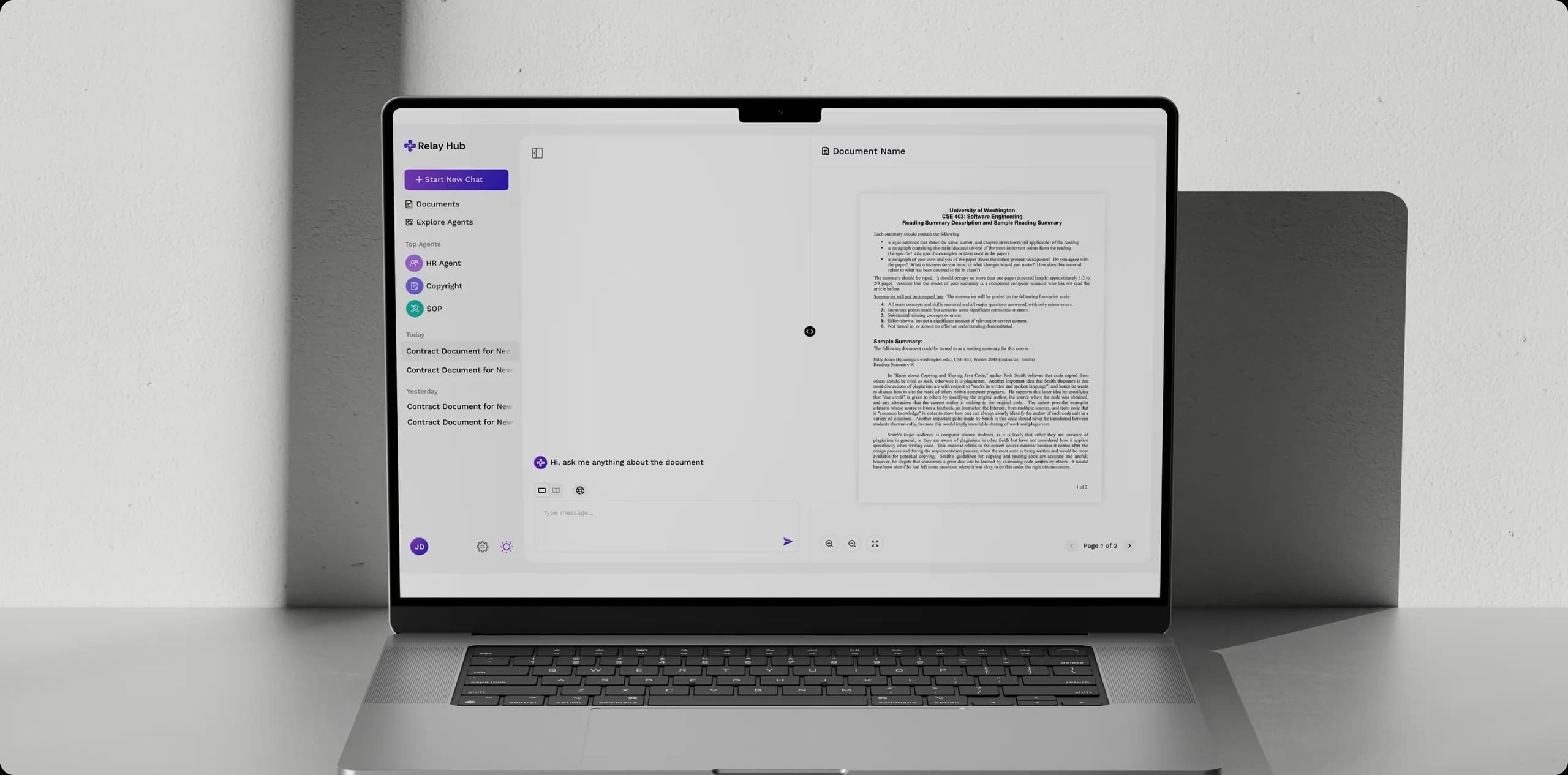 Relay Hub open on a laptop, with a document and an ask-anything chat panel side by side