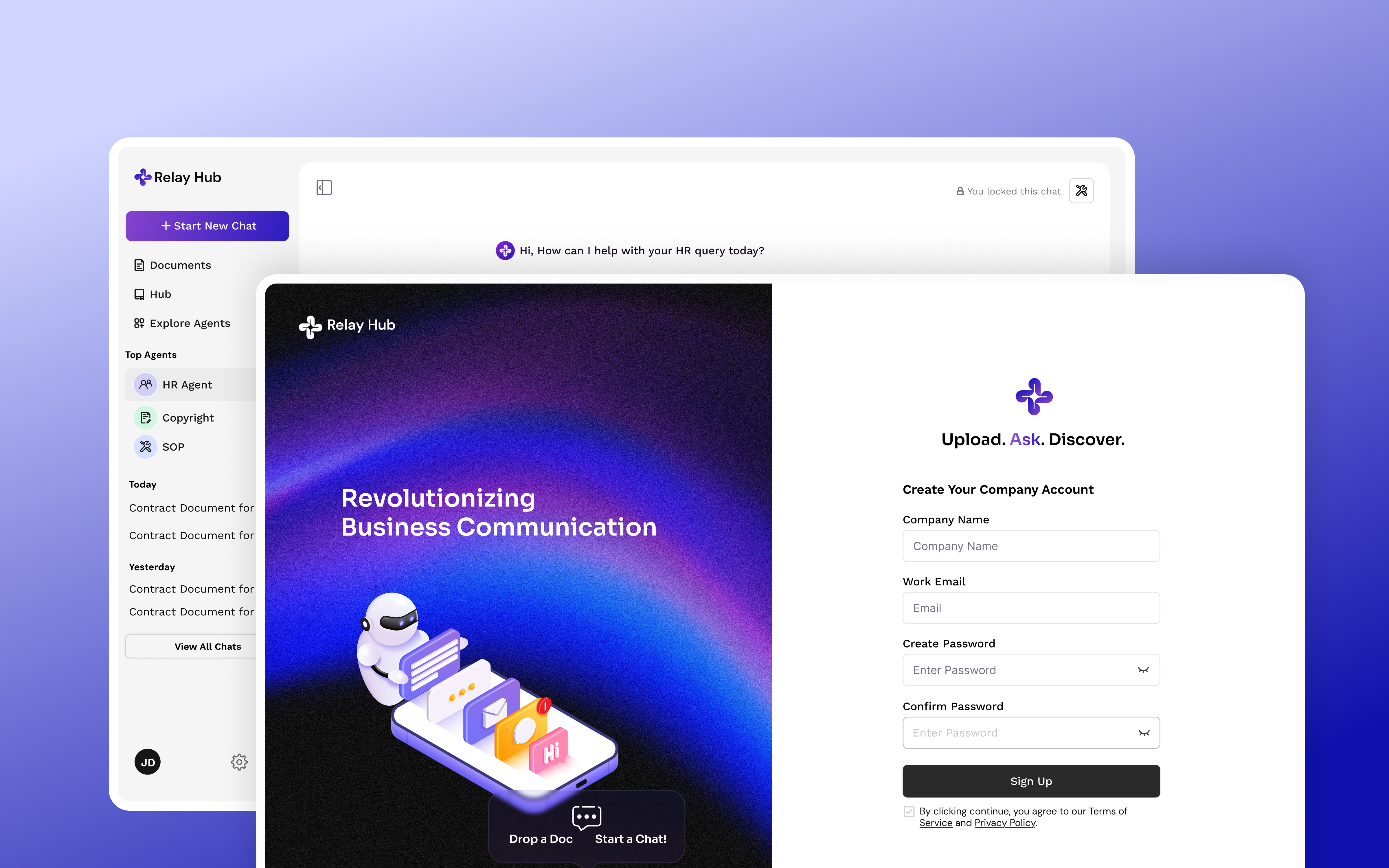 The Relay Hub workspace, document view, and AI chat across three windows on a blue-to-teal gradient
