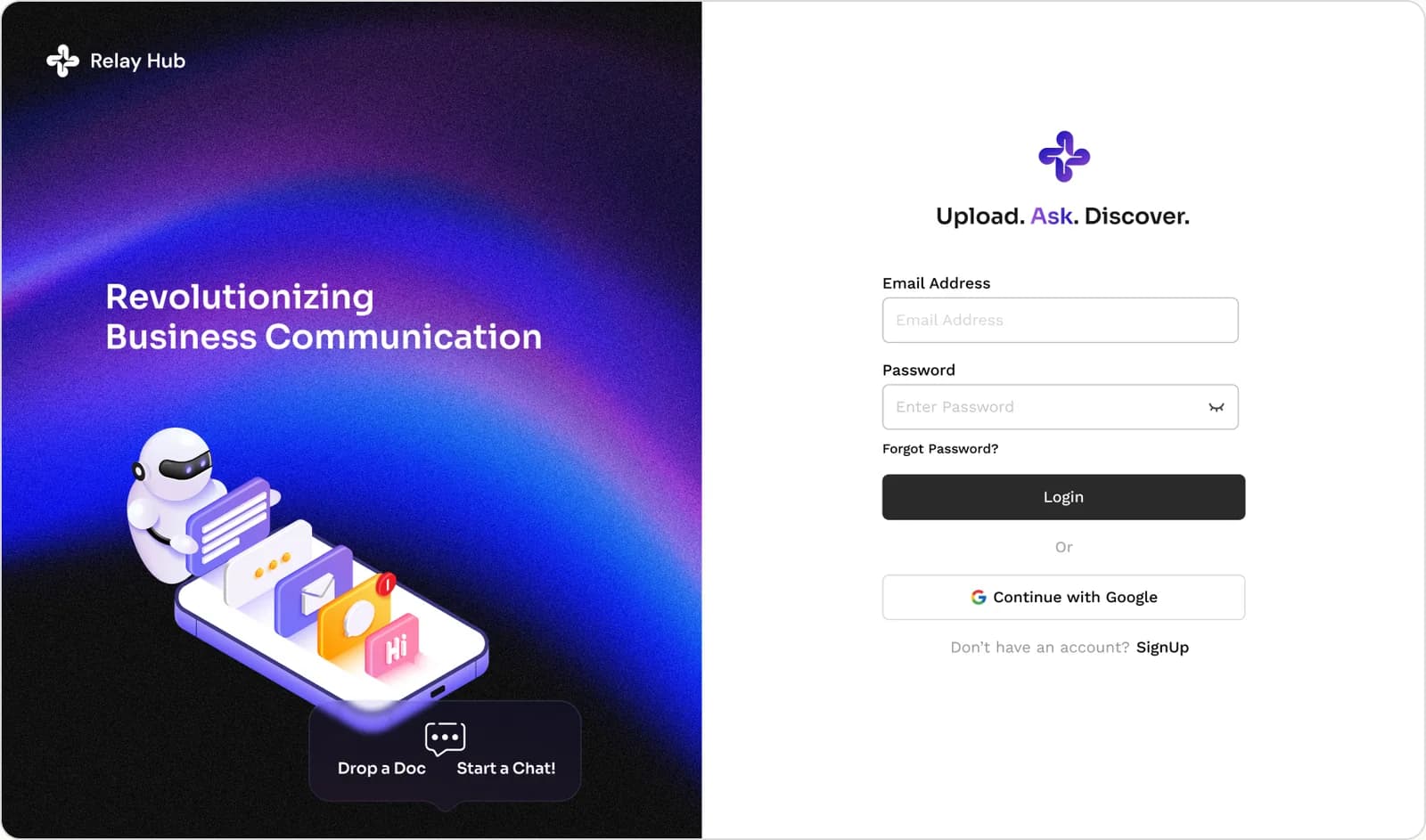 The Relay Hub login page, Revolutionizing Business Communication