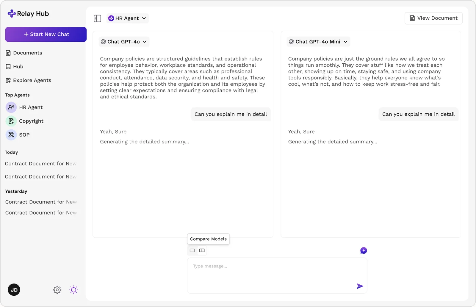Two models answering the same prompt side by side for comparison