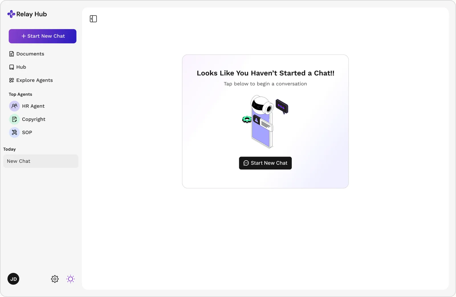 The AI Workspace with a start-new-chat empty state and configured agents