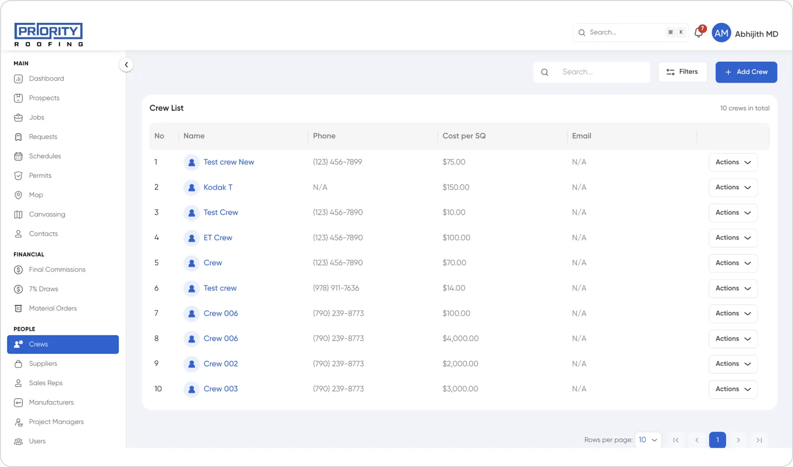 The Crew List showing crew names, contact info, and cost per square