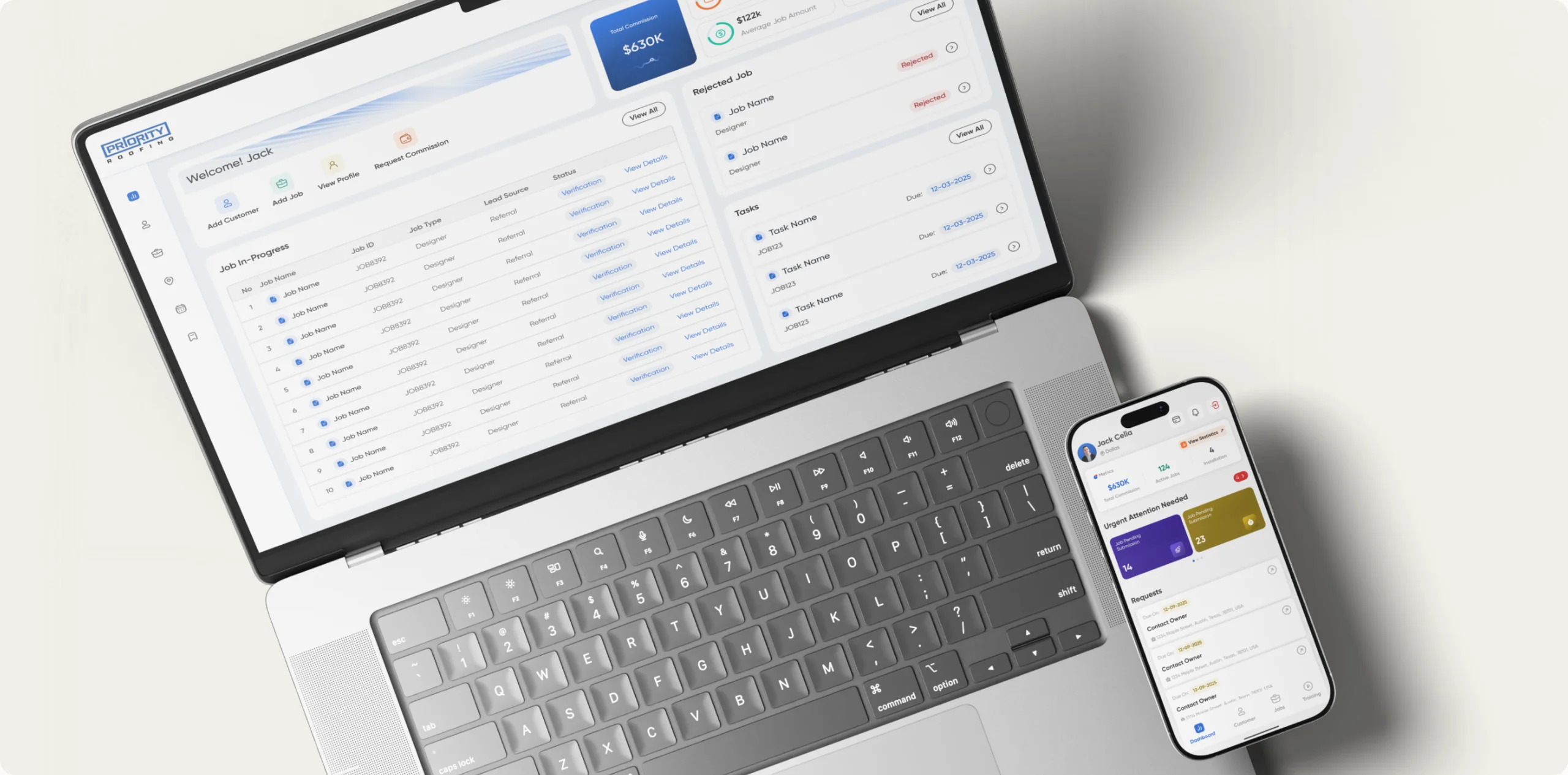 The Priority Roofing CRM dashboard on a laptop beside the mobile app on a phone