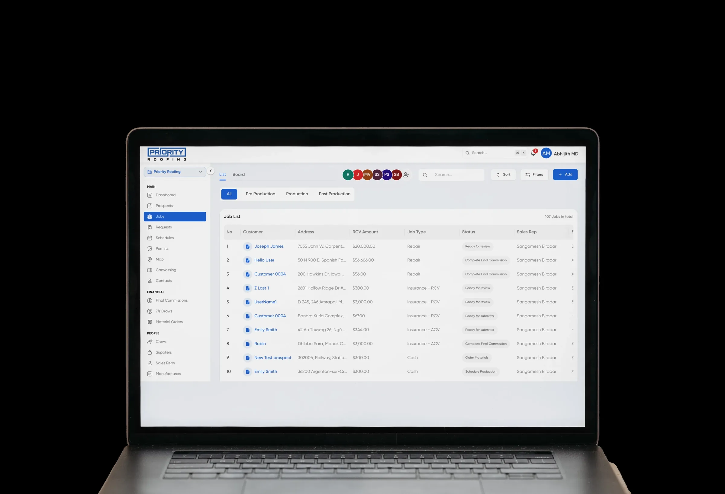 Priority Roofing CRM job list dashboard