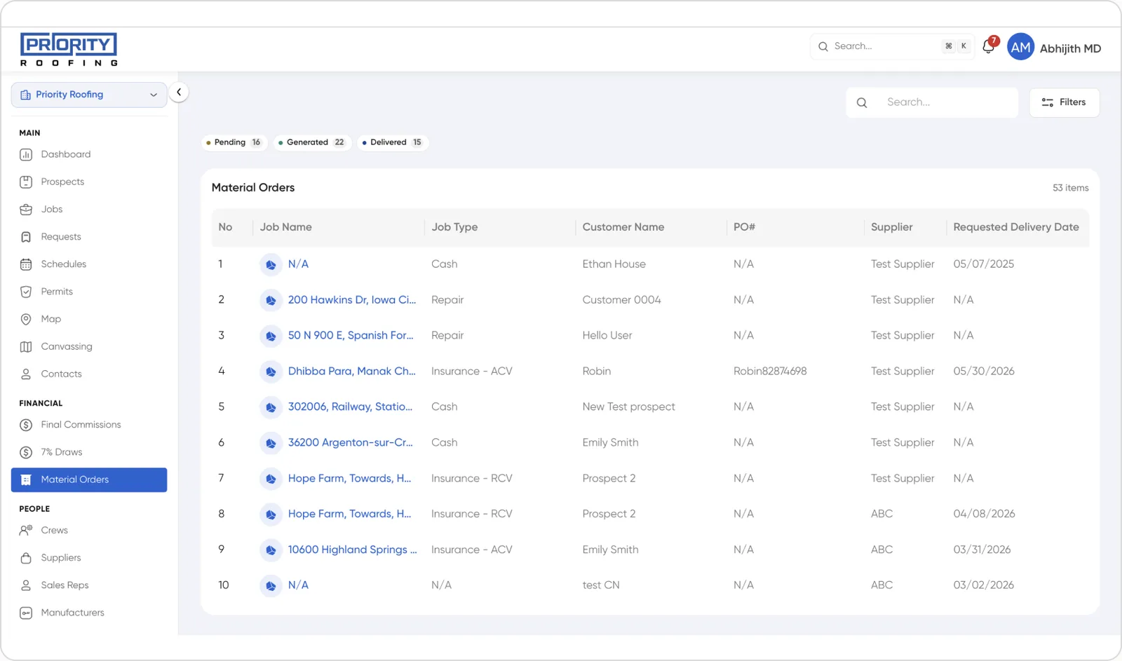 The Material Orders list showing job, supplier, and delivery status