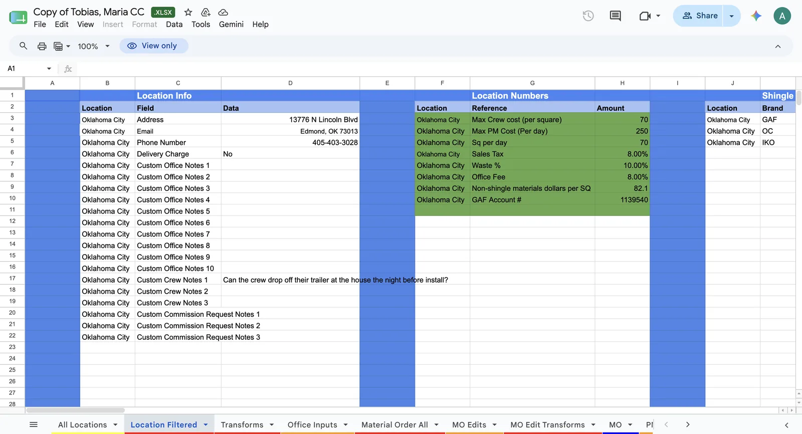 Spreadsheet tracking job and location data across multiple tabs