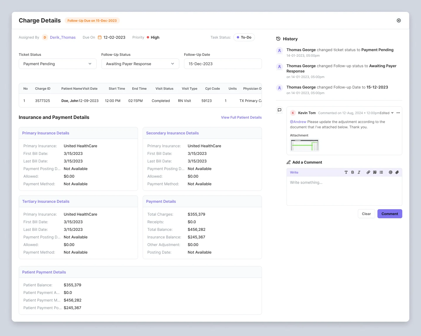 The Charge Details page, consolidating insurance, payment, patient and visit information with a status and comment history