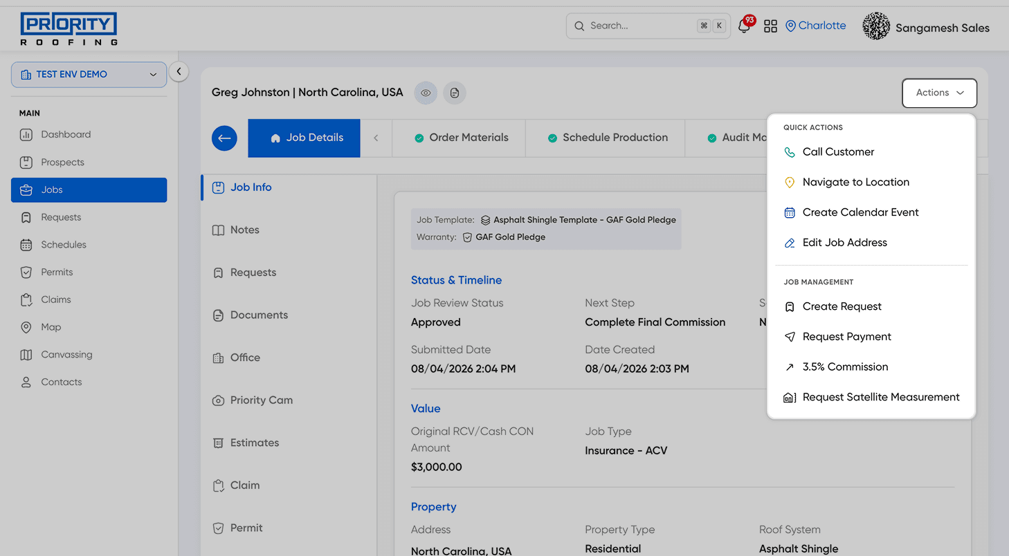 The Actions menu on the Job Details page, grouping Quick Actions and Job Management