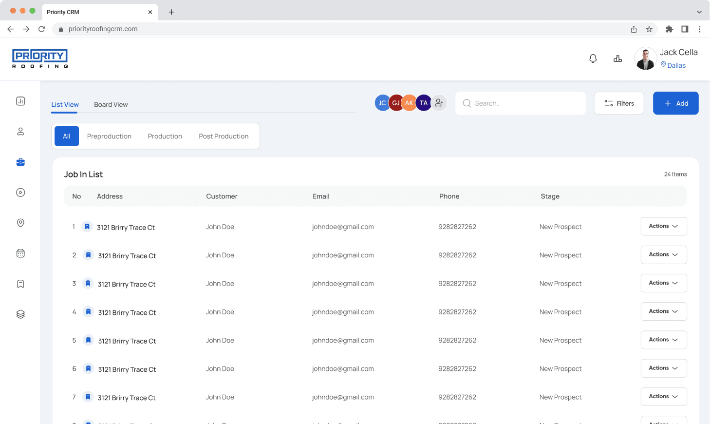 The Priority Roofing CRM Job In List view, showing job address, customer, contact info, and stage