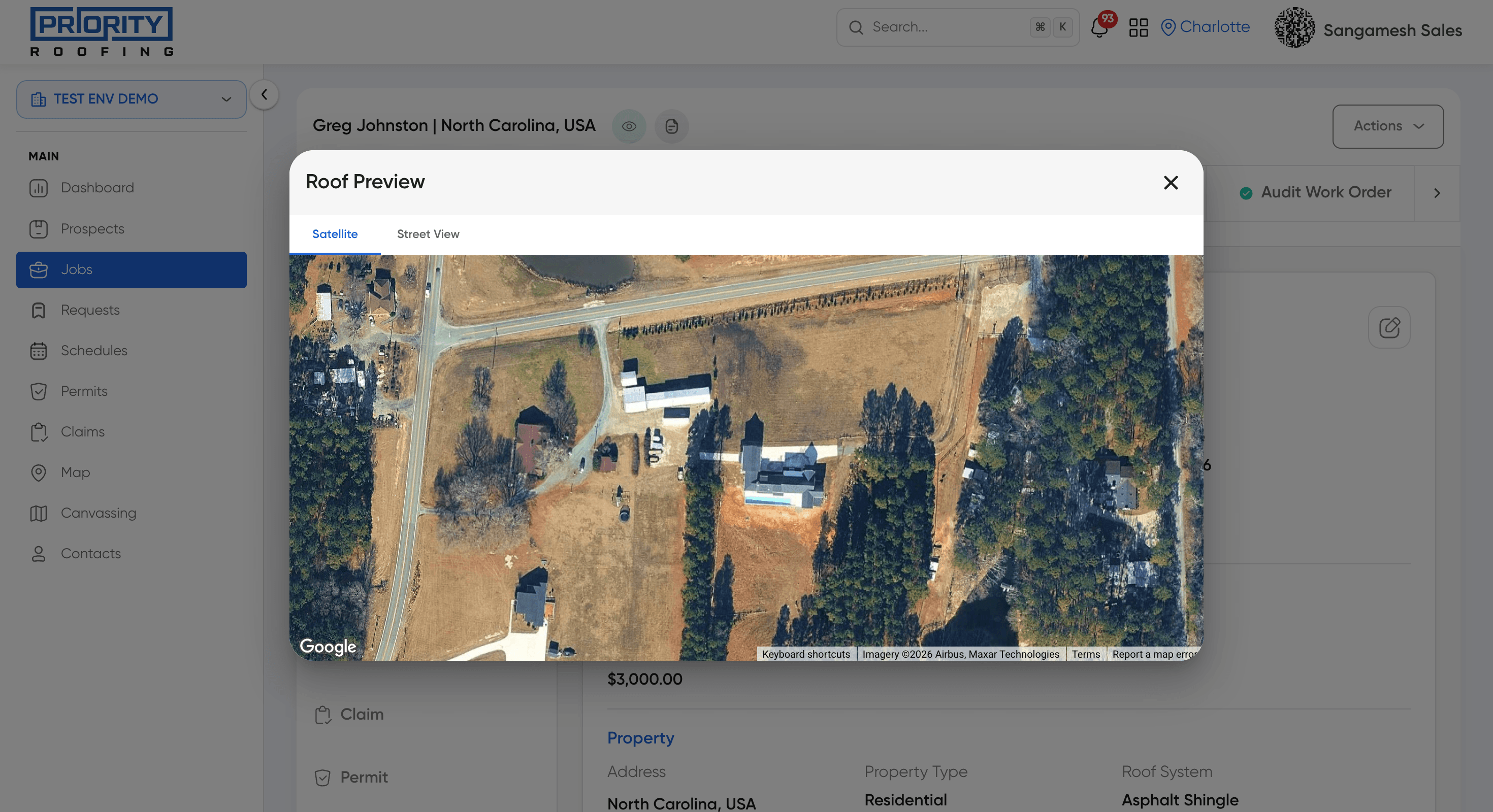 A roof preview shown directly inside Map View for a selected job