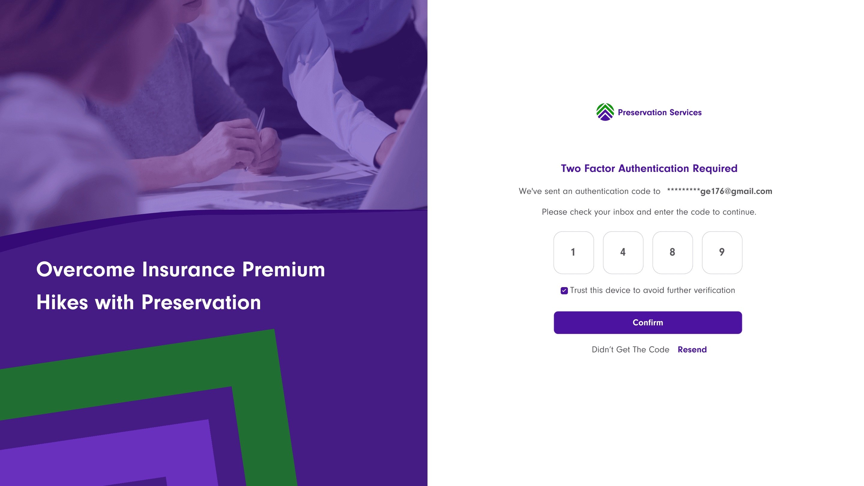 Two-factor authentication screen: 6-digit email code entry with a Trust this device checkbox