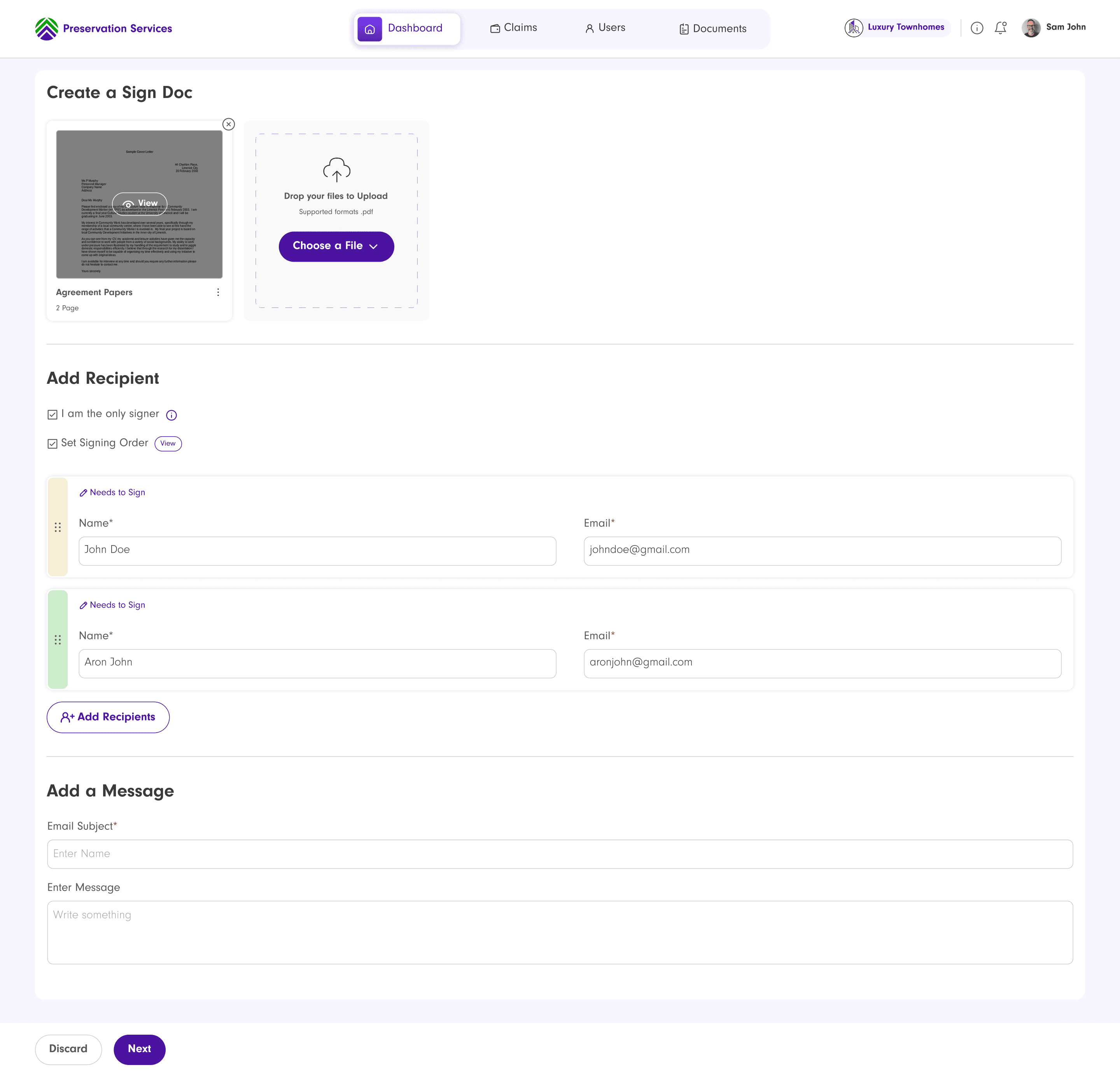 Create a Sign Doc flow: uploaded agreement papers, recipients with a set signing order, and a message before sending