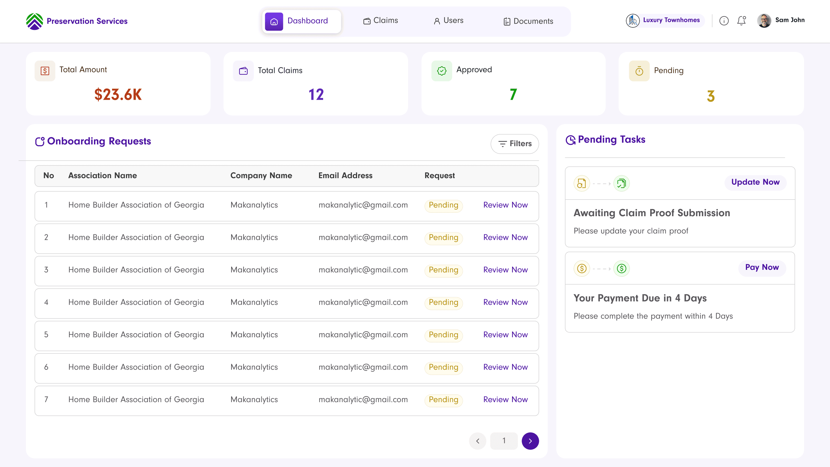 Admin dashboard: claims summary cards, an Onboarding Requests queue with Review Now actions, and pending tasks