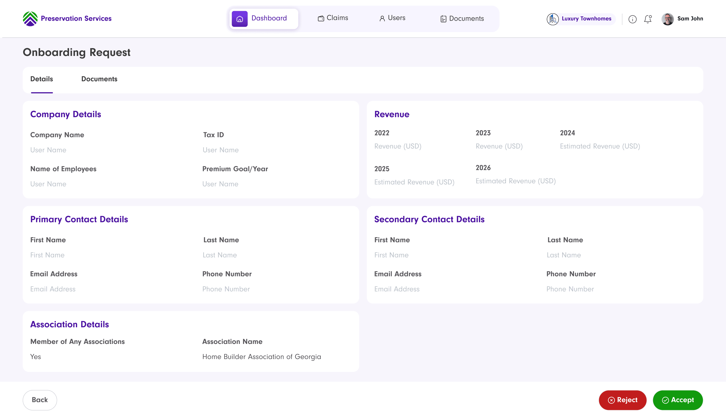 Onboarding Request detail view, Details tab: company details, revenue, Primary/Secondary contact, and association details, with Reject and Accept actions