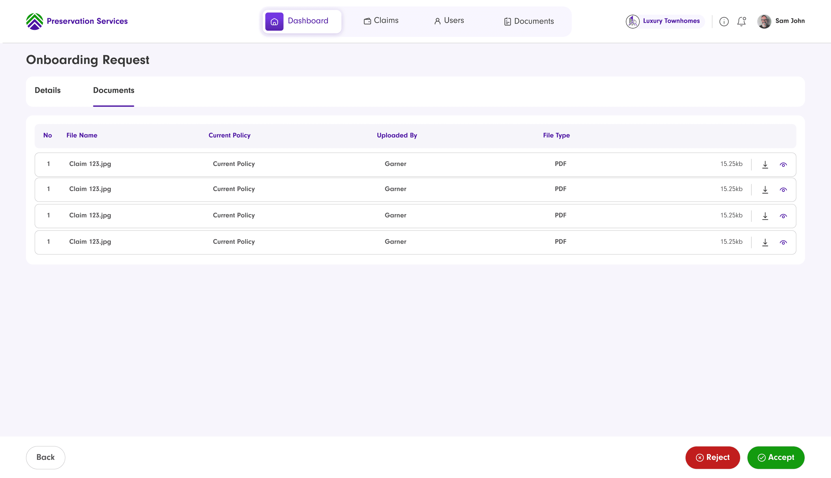 Onboarding Request detail view, Documents tab: uploaded policy documents with Reject and Accept actions