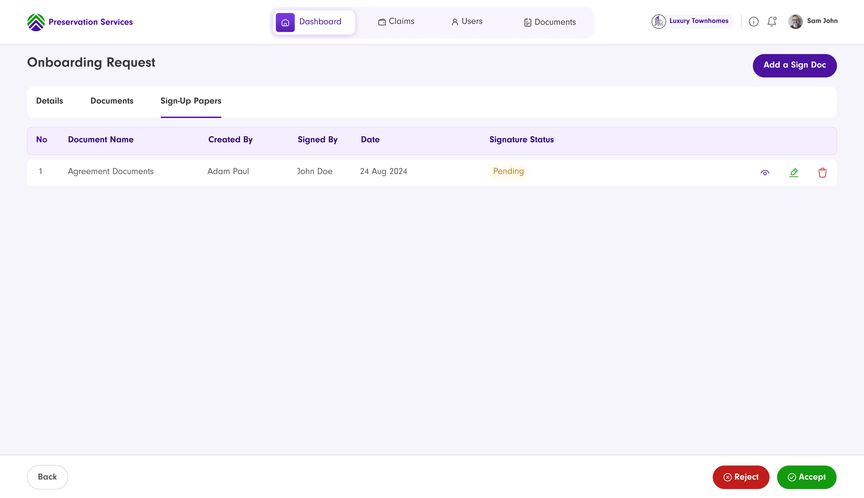 Onboarding Request, Sign-Up Papers tab: document name, created by, signed by, date, and signature status