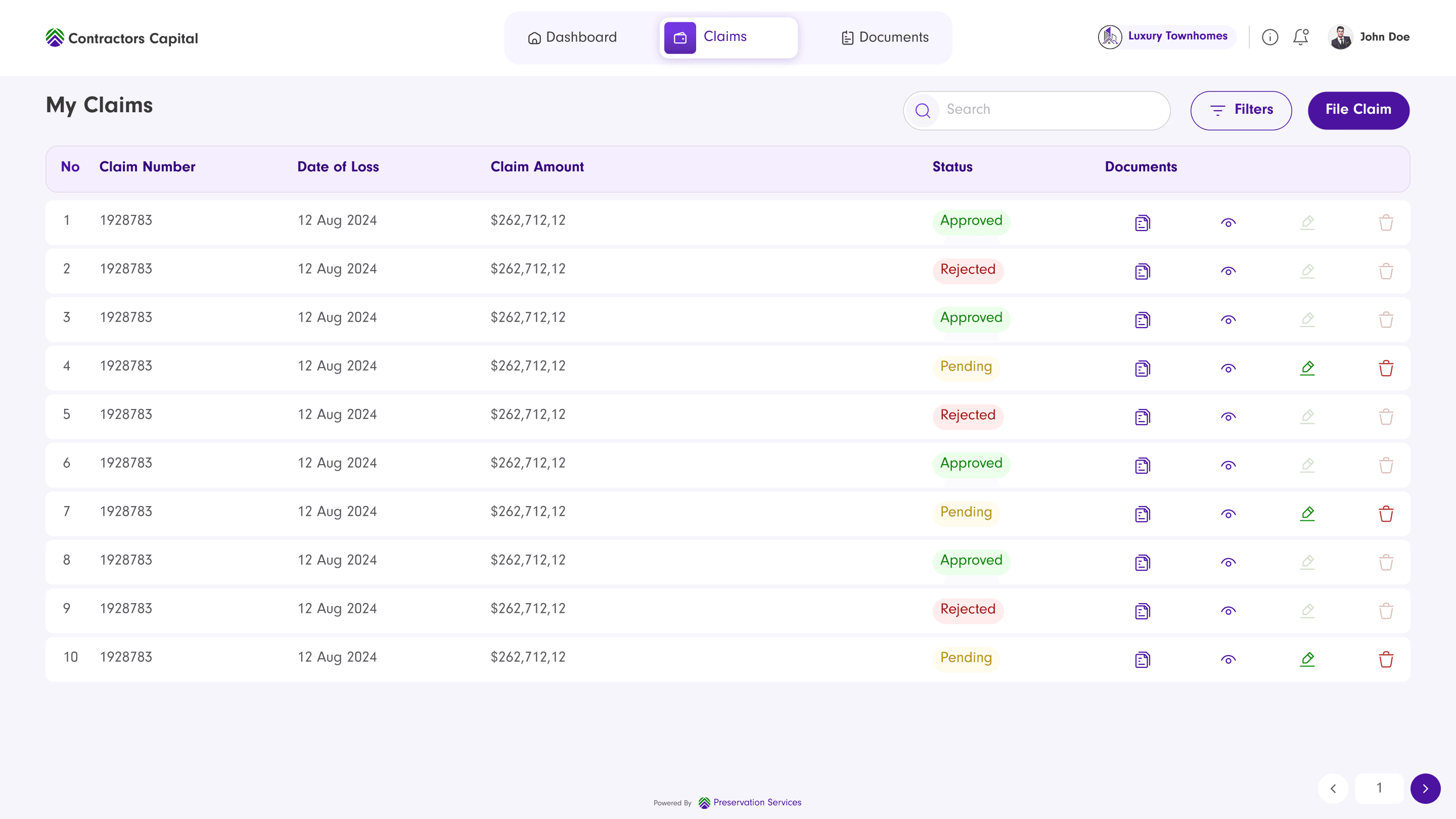 My Claims table: claim number, date of loss, claim amount, status, and quick actions to view, edit, delete, or open documents, with search and filters