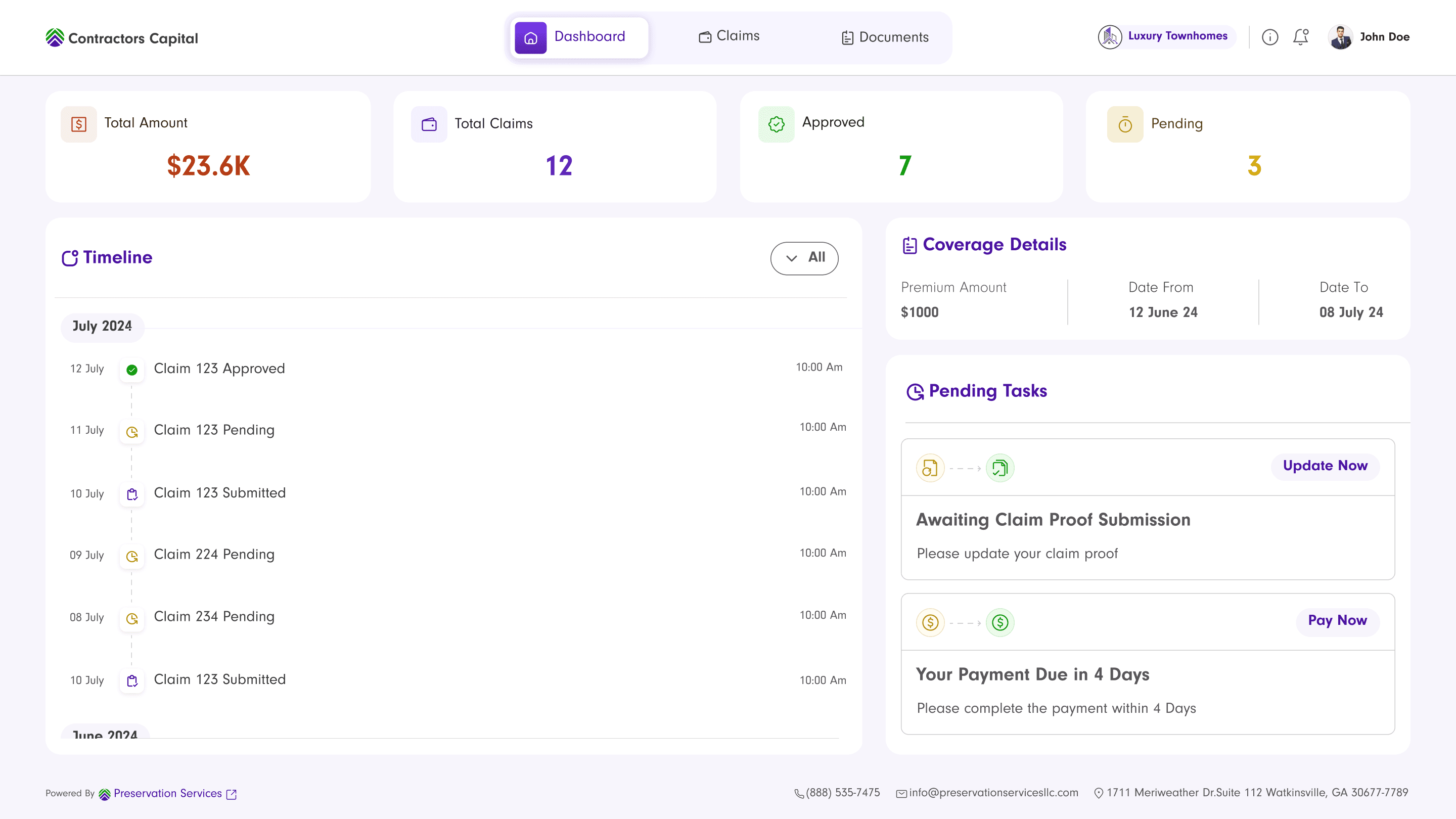 User dashboard: summary cards, a dated timeline of claim activity, coverage details, and pending tasks