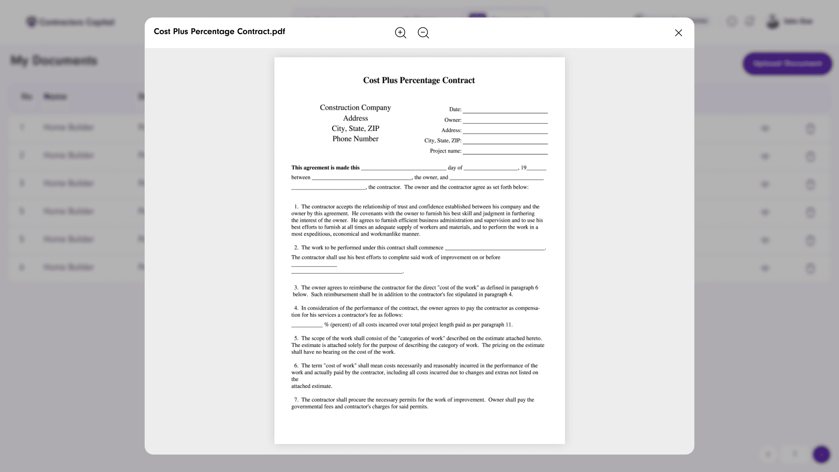 Document preview modal with zoom controls, showing a contract PDF without leaving the page