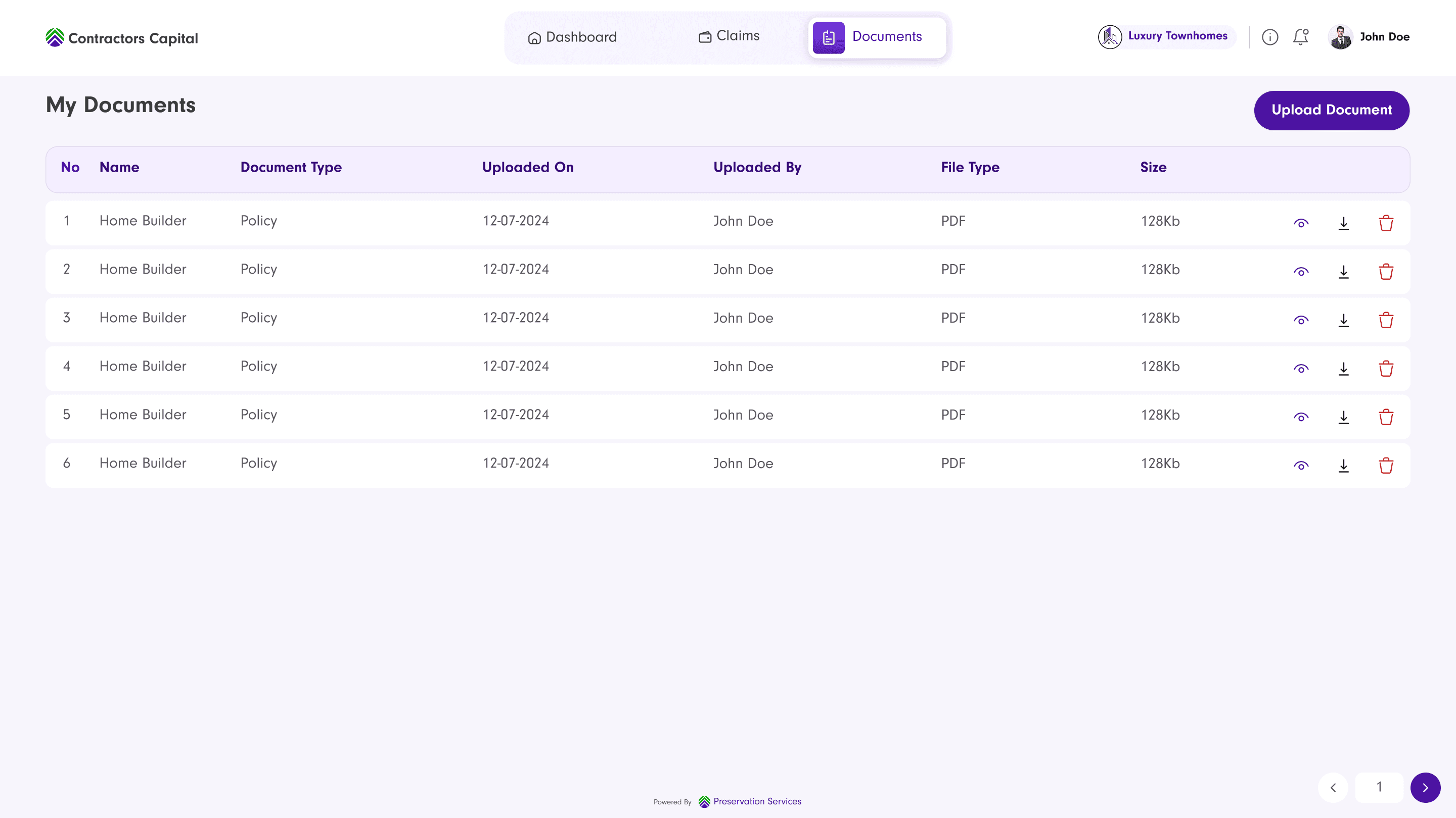 My Documents table: document name, type, upload date, uploaded by, file type, and size, with view, download, and delete actions