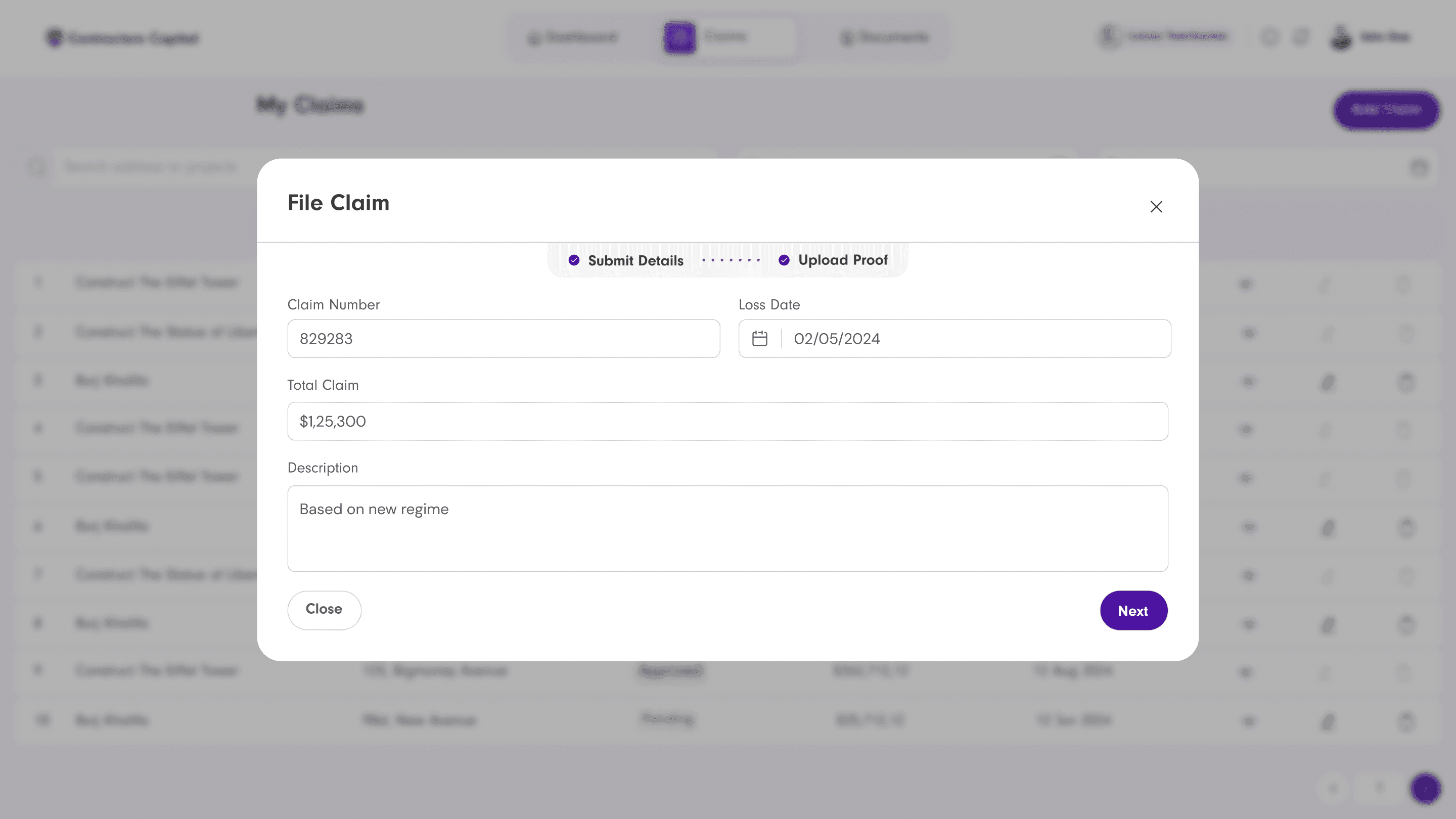 File Claim modal, Submit Details step: claim number, loss date, total claim amount, and a description field