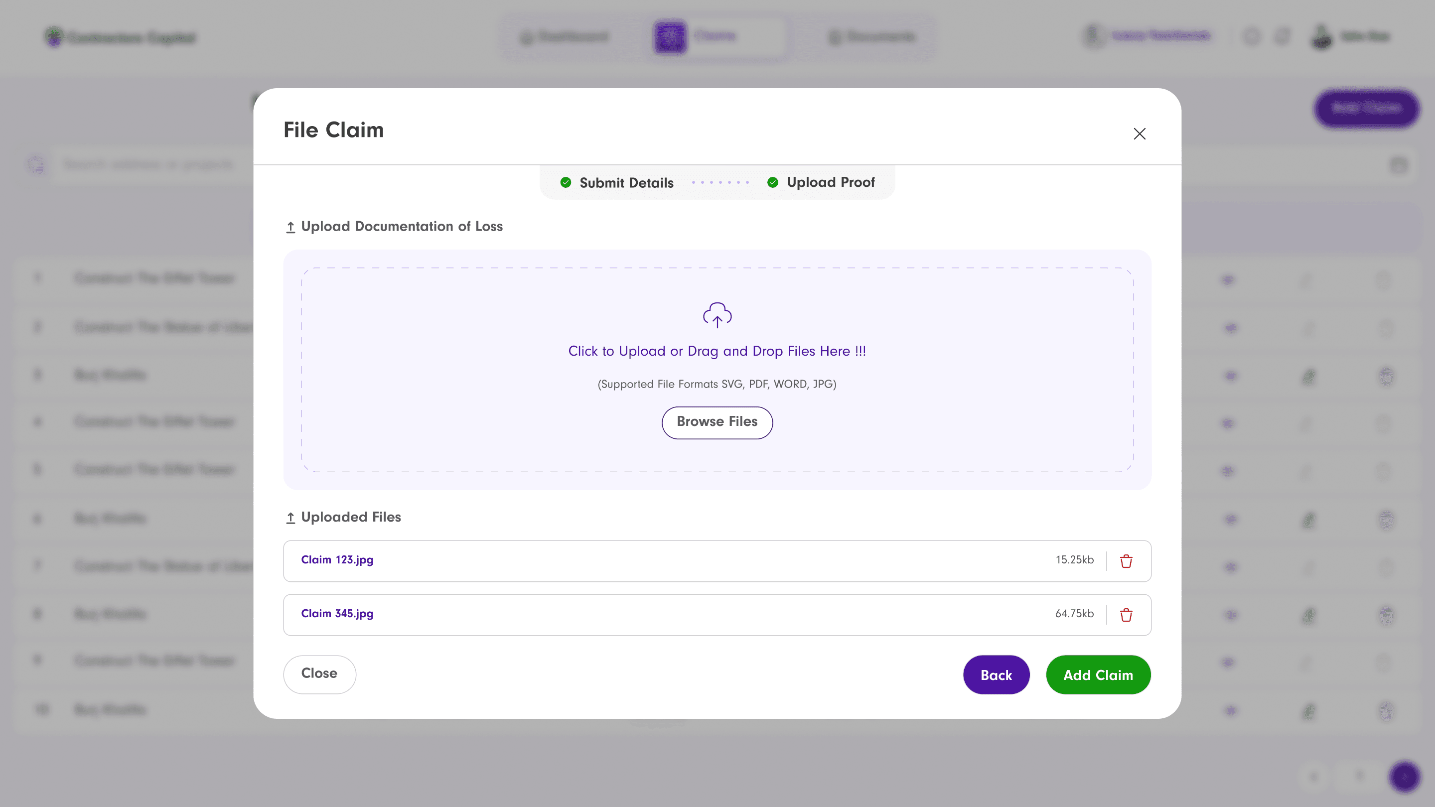 File Claim modal, Upload Proof step: drag-and-drop documentation upload with uploaded files listed below