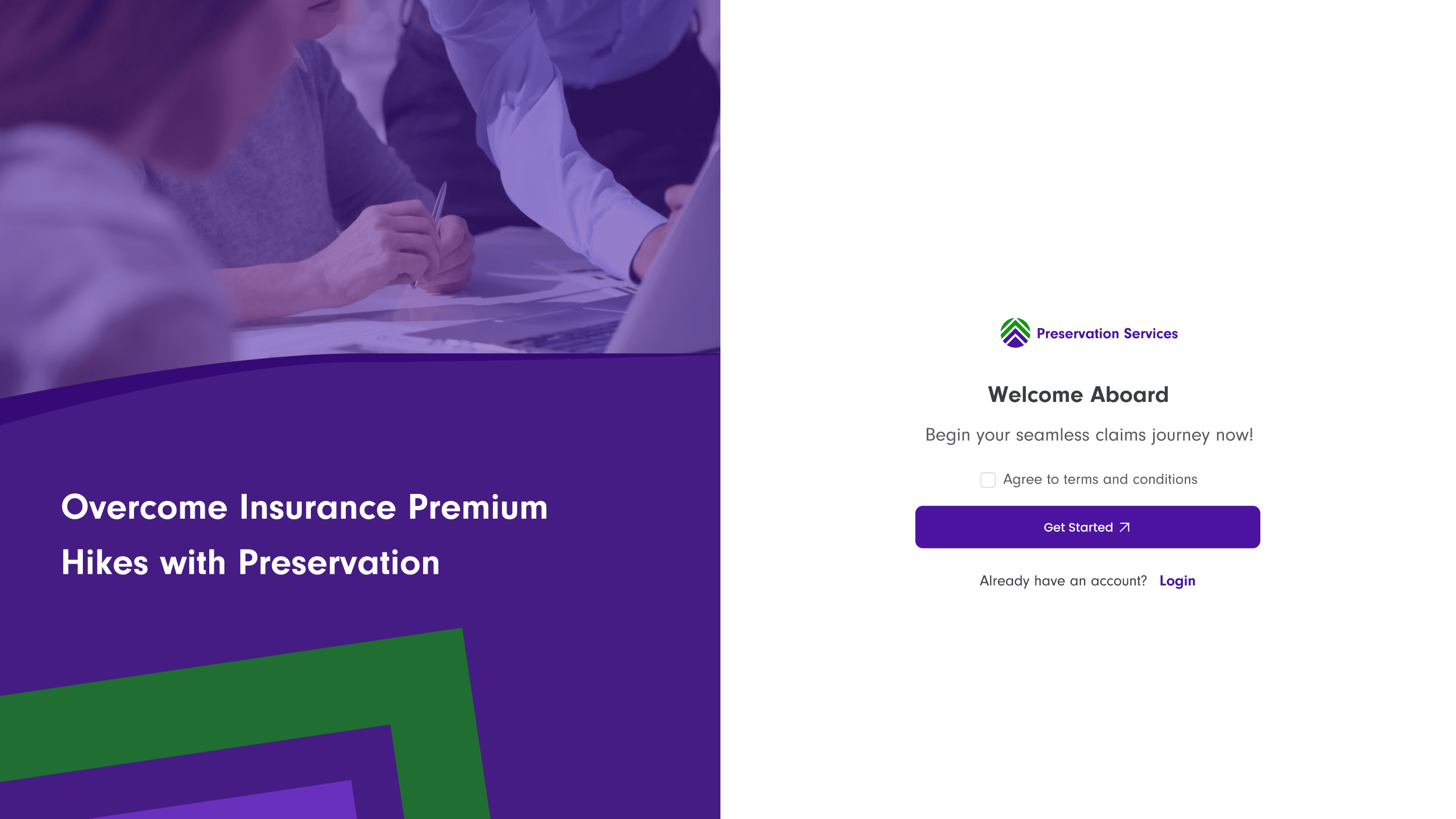 The Get Started welcome screen introducing onboarding, with a link back to Login for existing users