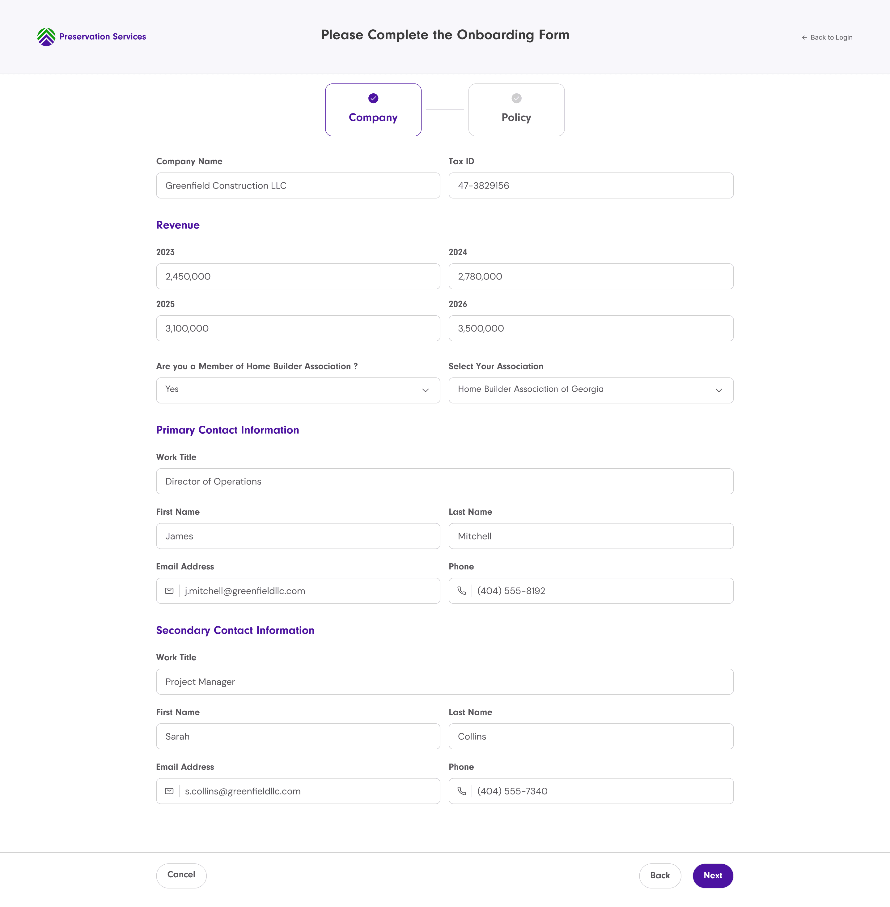 Onboarding form, Company step: company name, tax ID, revenue for the current and three upcoming years, Home Builders Association membership, and Primary/Secondary contact information