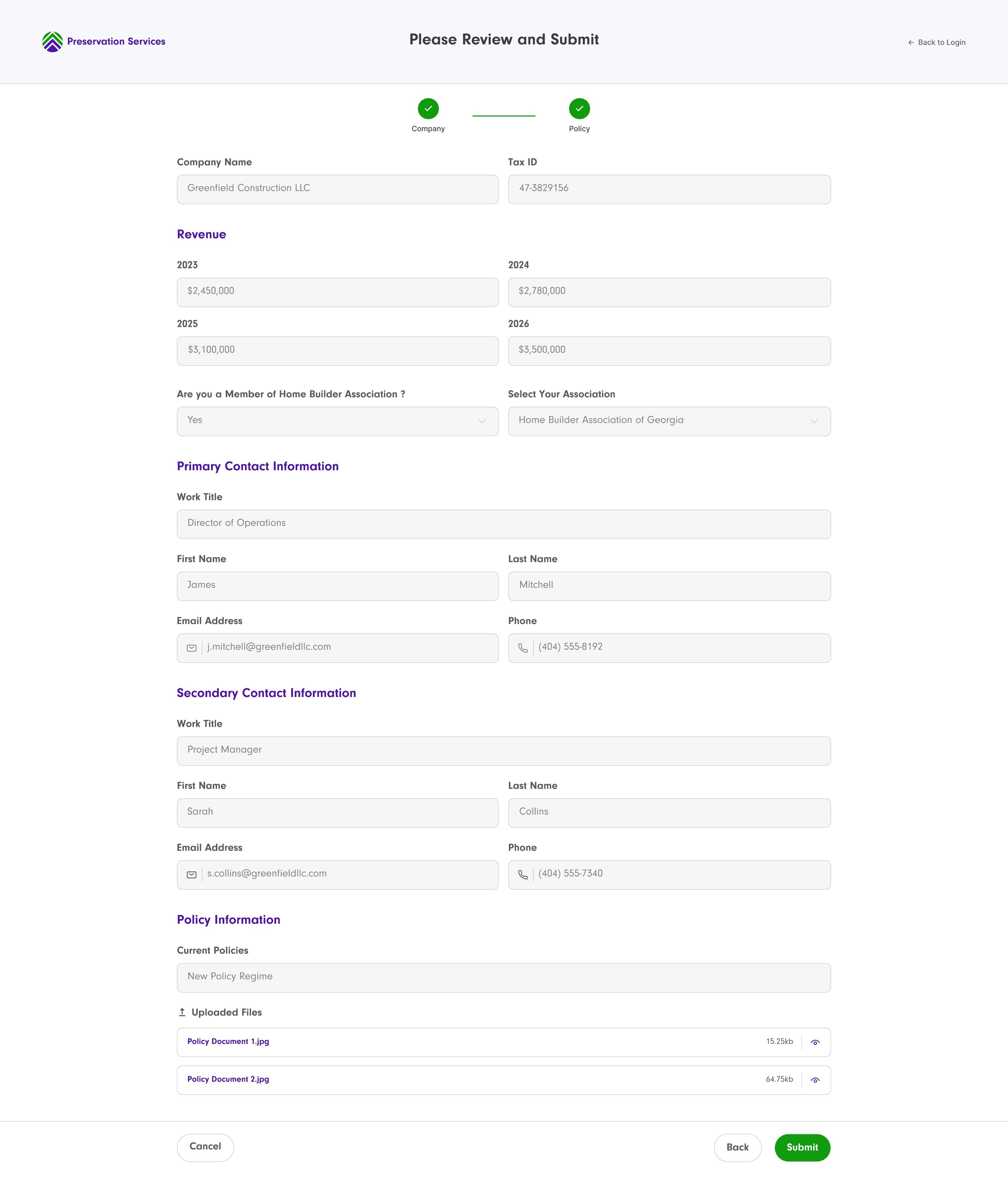 Review & Submit screen consolidating every entered field, including uploaded policy documents, before the onboarding request is sent