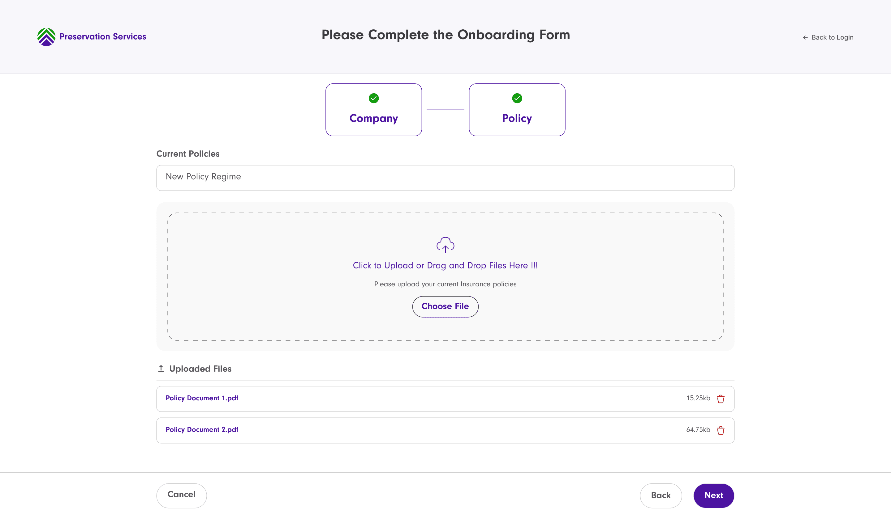 Onboarding form, Policy step: drag-and-drop upload of current insurance policy documents