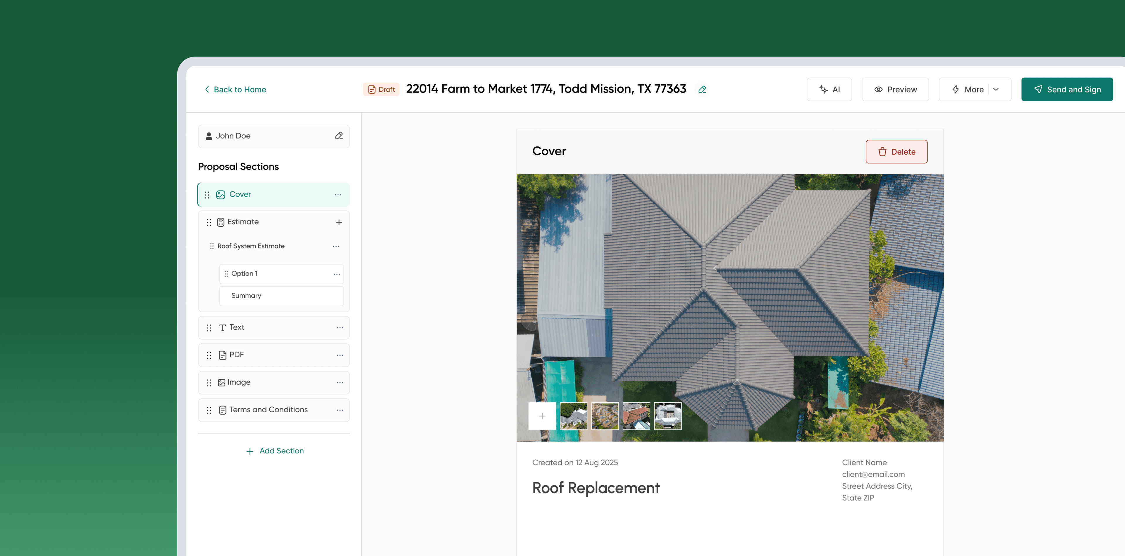 AI-enabled roofing proposal builder interface