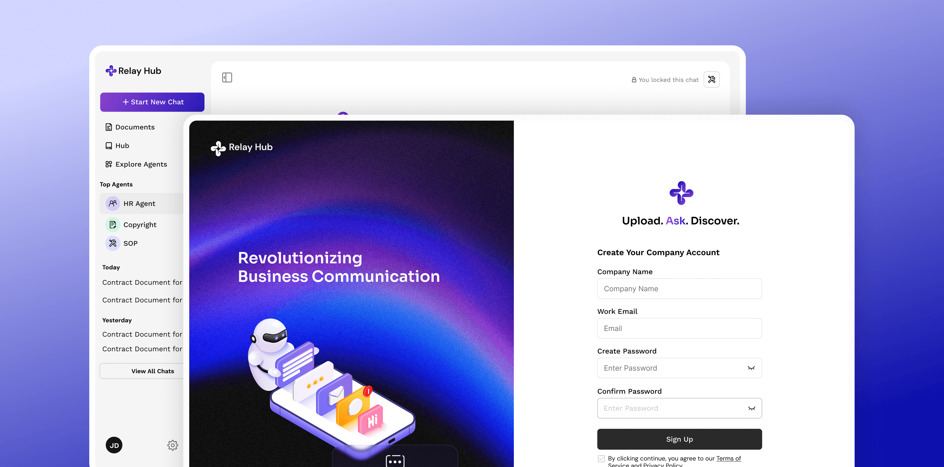 Relay Hub open on a laptop, with a document and an ask-anything chat panel side by side