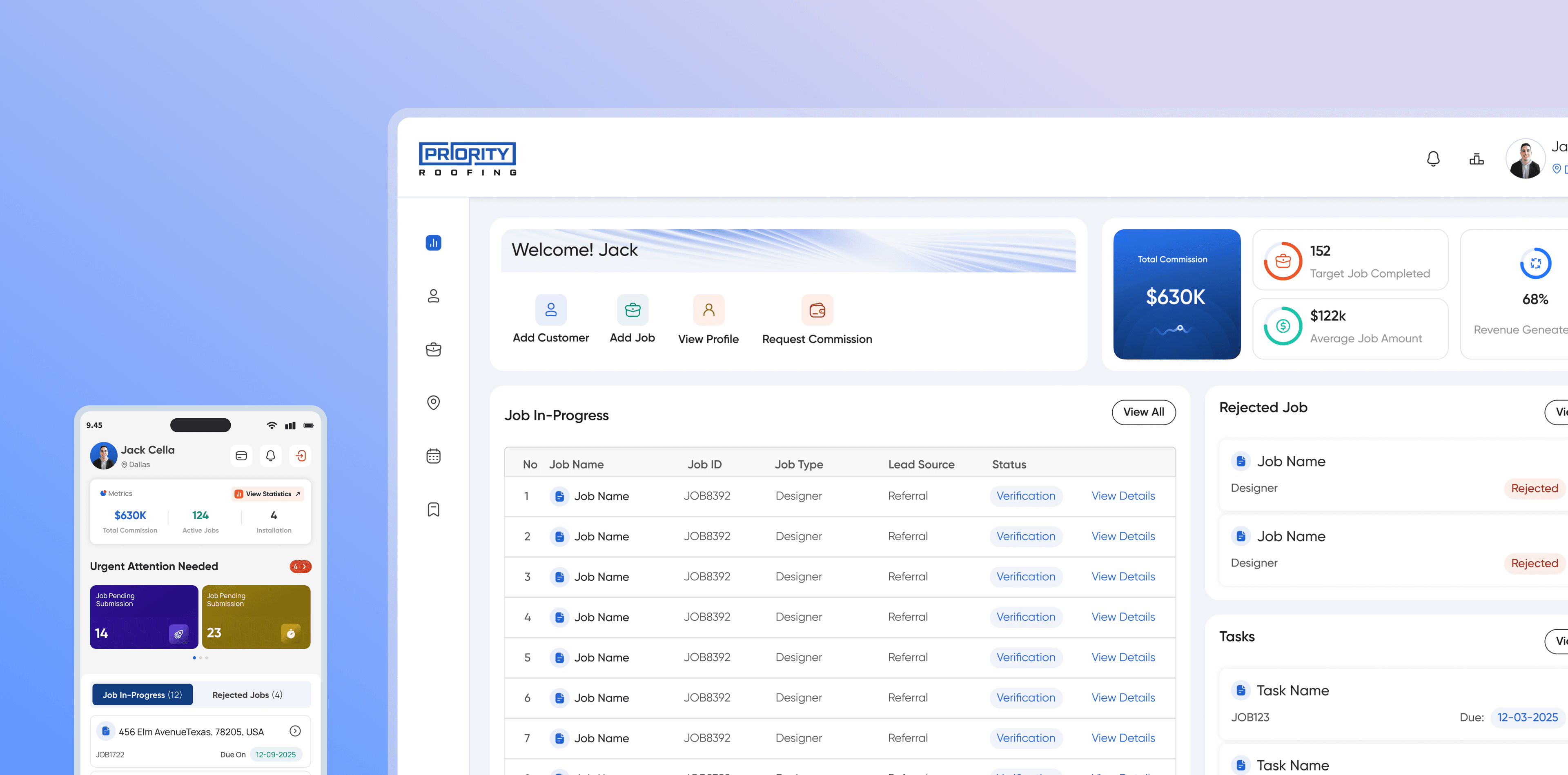 The Priority Roofing CRM dashboard on a laptop beside the mobile app on a phone