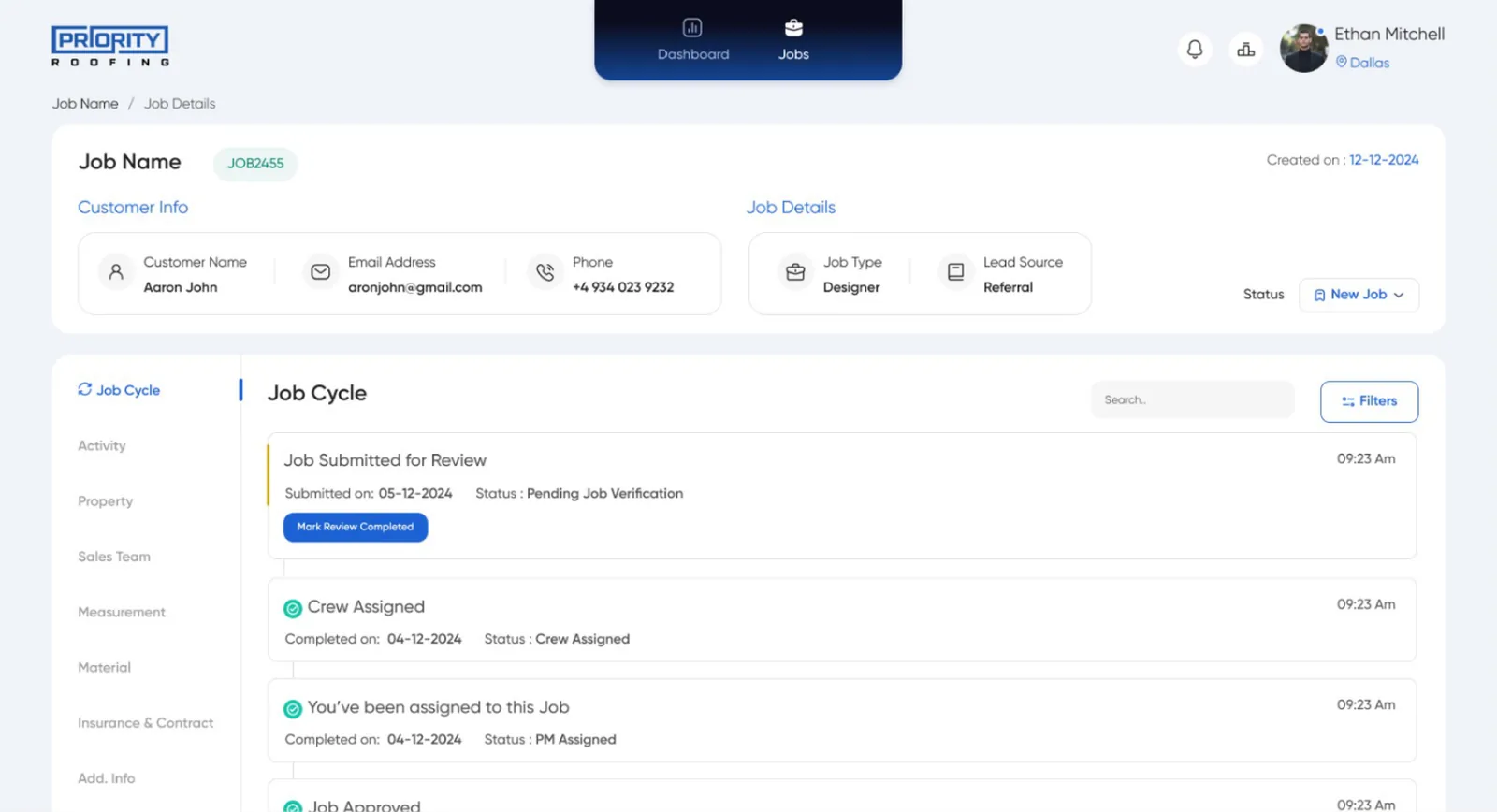 The first version of the Job Details page, with Job Cycle shown as a timestamped activity feed