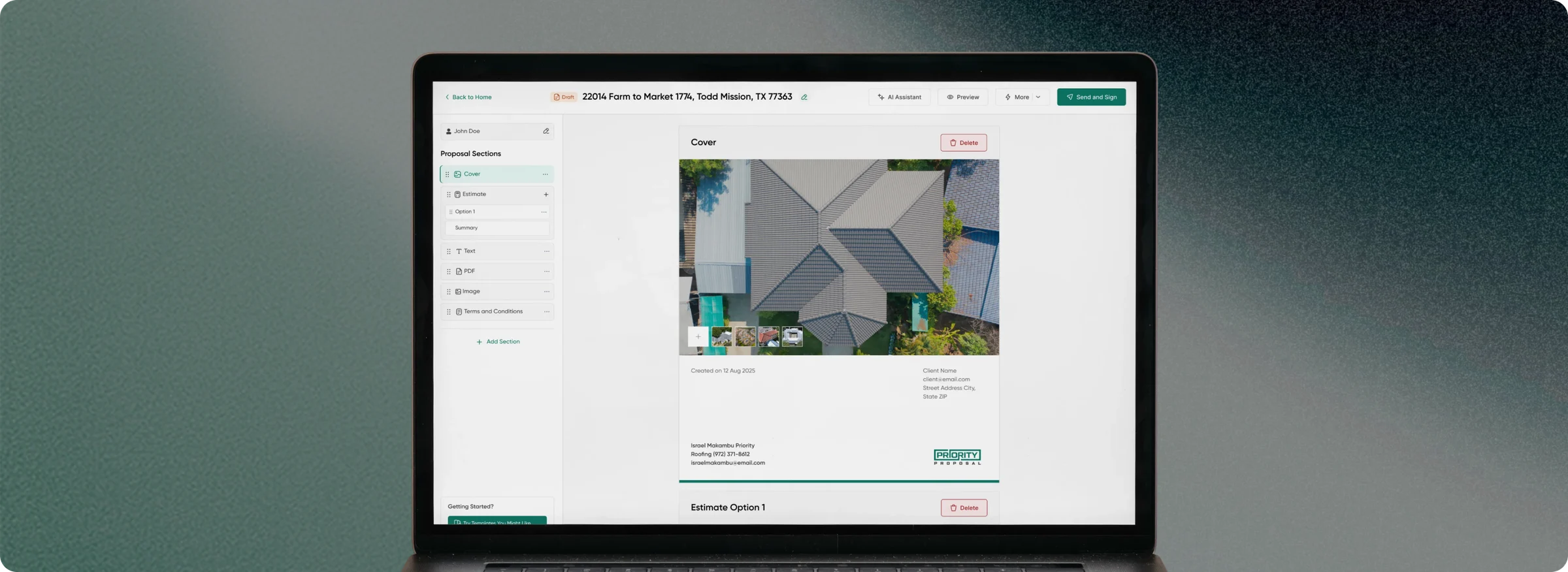 The AI-enabled roofing proposal builder showing a proposal cover page on a laptop against a soft green backdrop