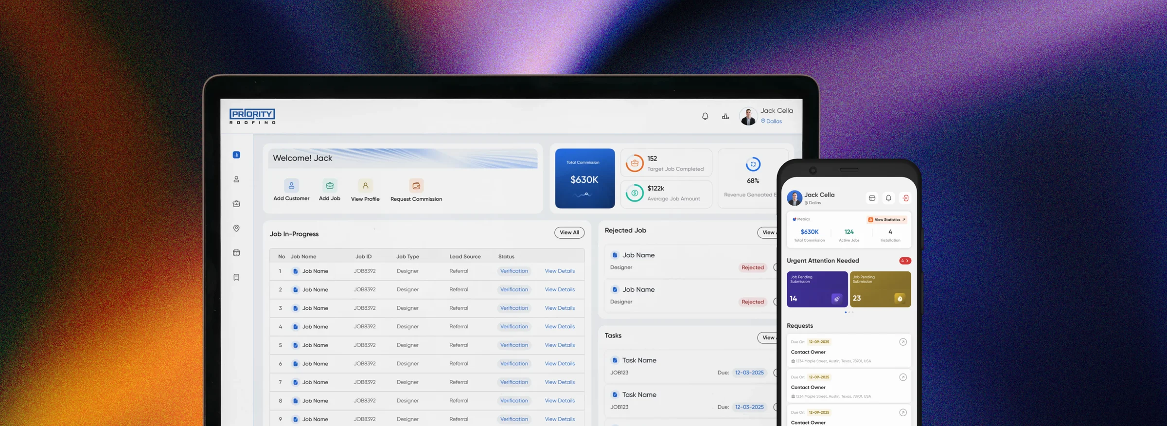 The Priority Roofing CRM dashboard on a laptop beside the mobile app on a phone, over a dark iridescent gradient